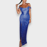 Natja - Lesklá Maxi Šaty s Odhalenými Rameni