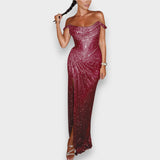 Natja - Lesklá Maxi Šaty s Odhalenými Rameni