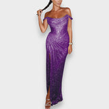 Natja - Lesklá Maxi Šaty s Odhalenými Rameni