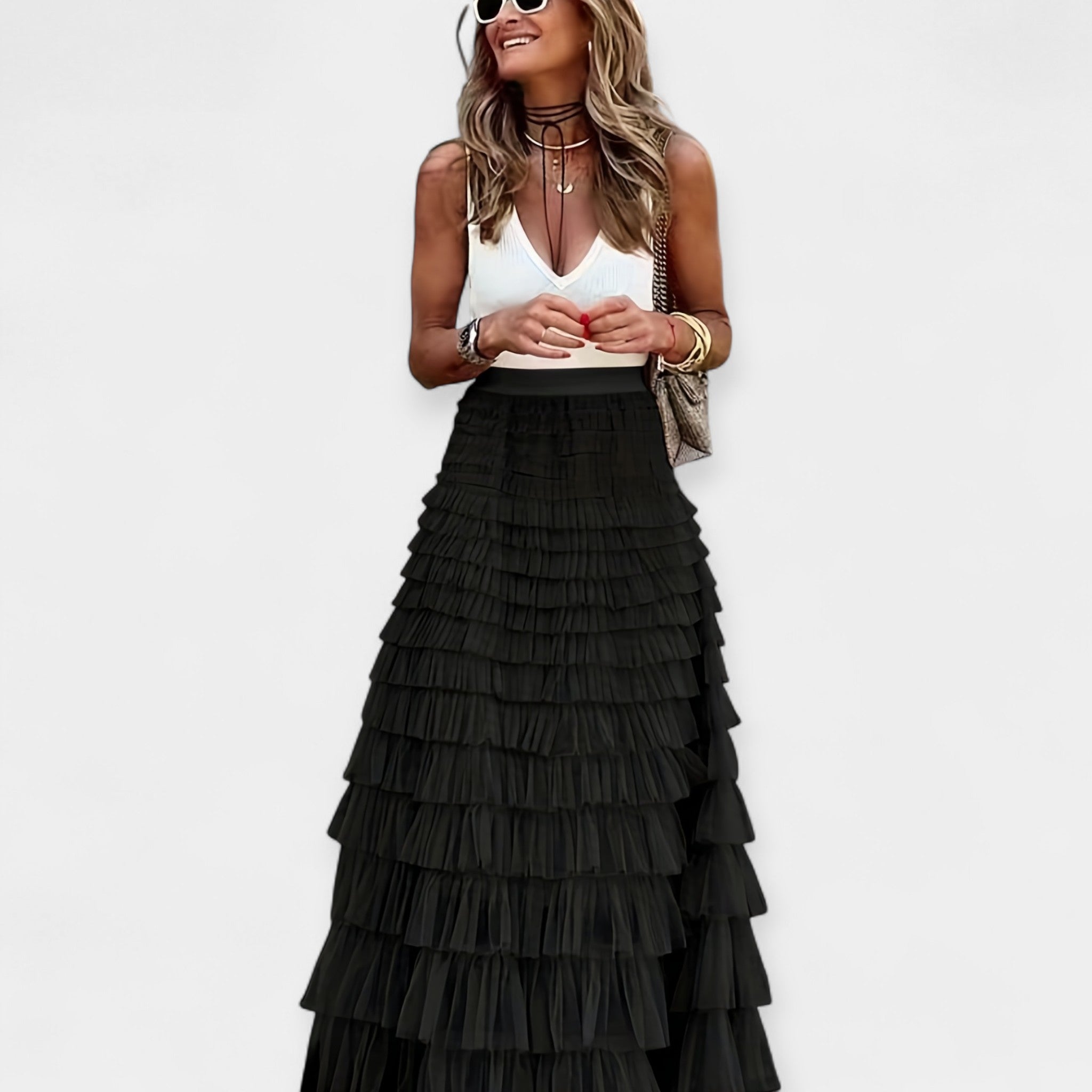 Valerie - Boho Sukňa s Mrežastým Saténovým Okrajom