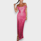 Natja - Lesklá Maxi Šaty s Odhalenými Rameni