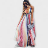 Viacfarebná pruhovaná dámska šaty s V-výstrihom