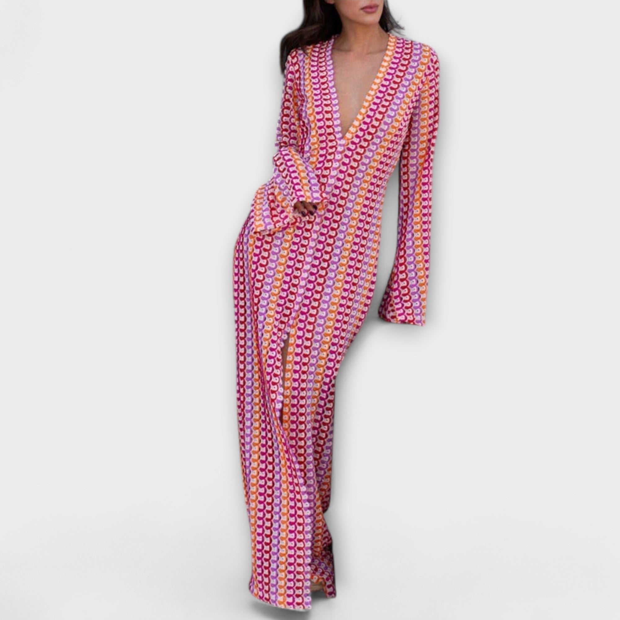 Elina – Maxi šaty s V-výstrihom a dovolenkovým nádychom