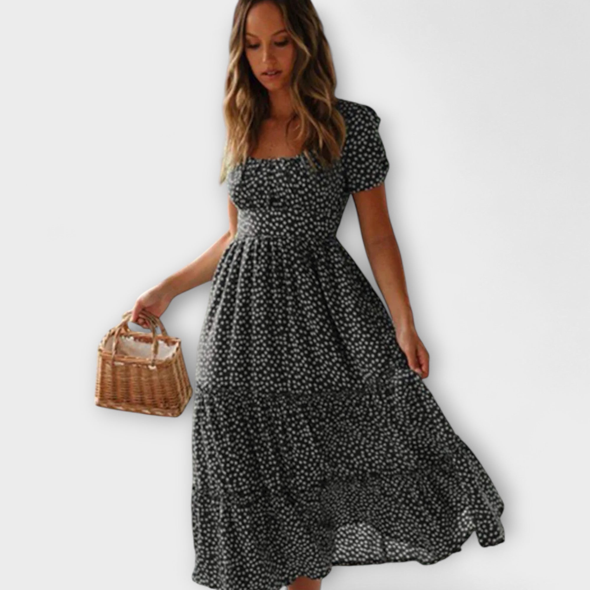 Vintage kvetinový vzor maxi šaty s puff rukávmi