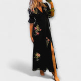 Beatrice - Elegantné modro-námornícke šaty s kvetinovou výšivkou