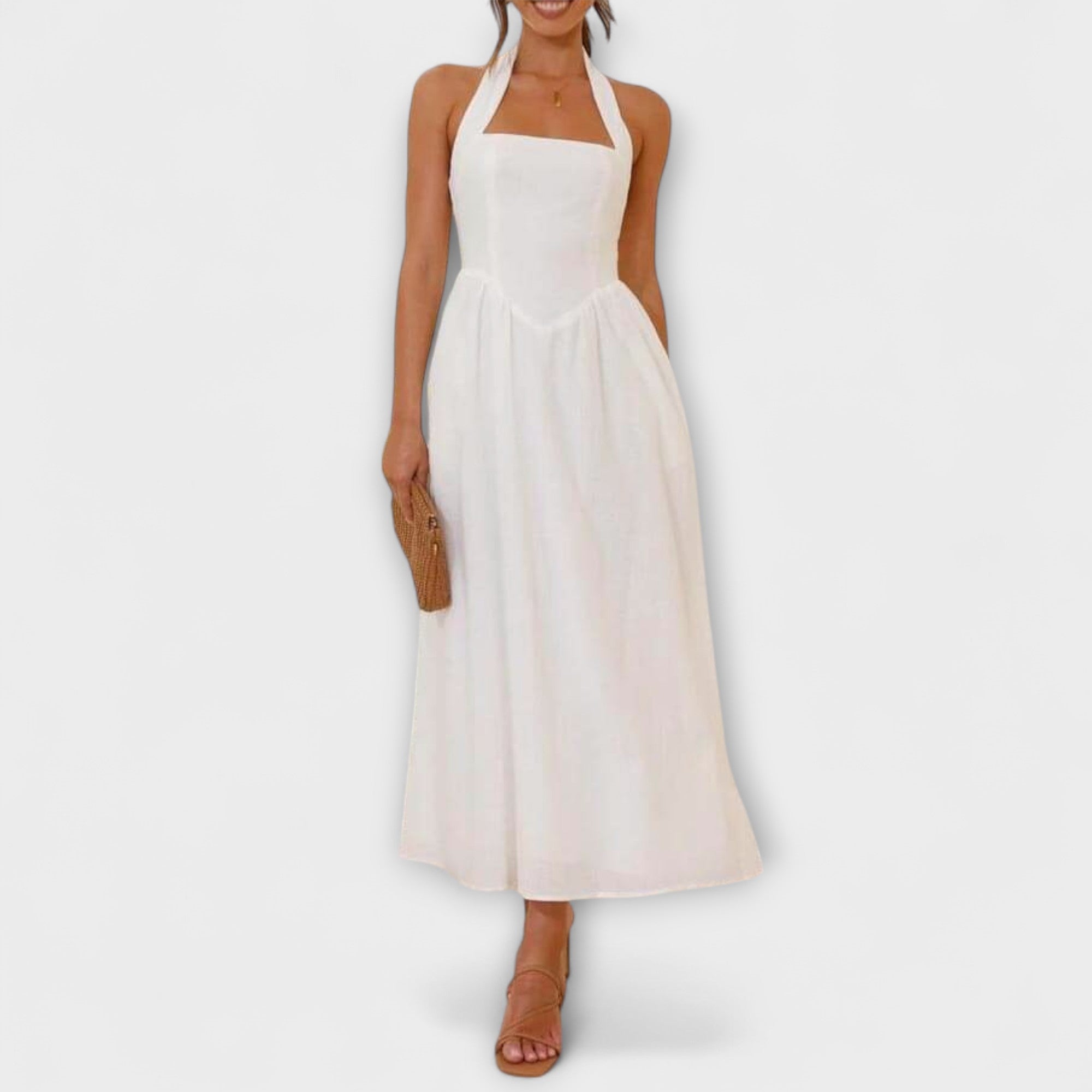 Lydia - Čierne halter šaty strednej dĺžky s detailom v páse