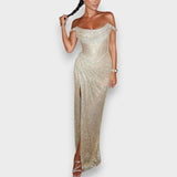 Natja - Lesklá Maxi Šaty s Odhalenými Rameni